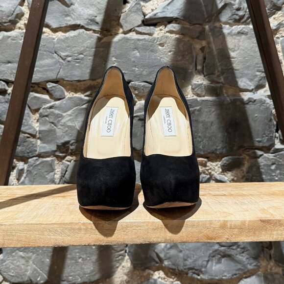 Jimmy Choo Black Suede Crystal Embellished Heels Platform Esam Pumps - Picture 2 of 13